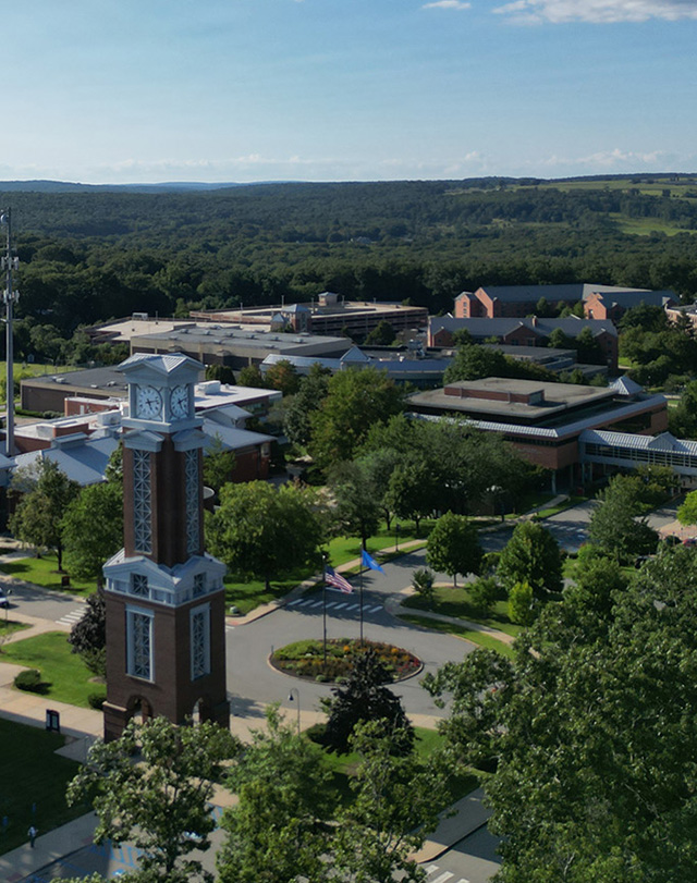 aerial view of the J. Eugene Smith library and Eastern's clocktower