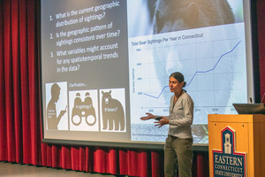 Kim Diver of Wesleyan University presents her presentations titled "Spatiotemporal Patterns of Reported Black Bear Sighting in Connecticut, 2007-1019."
