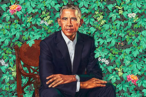  Presidential portrait of Barack Obama by Kehinde Wiley.