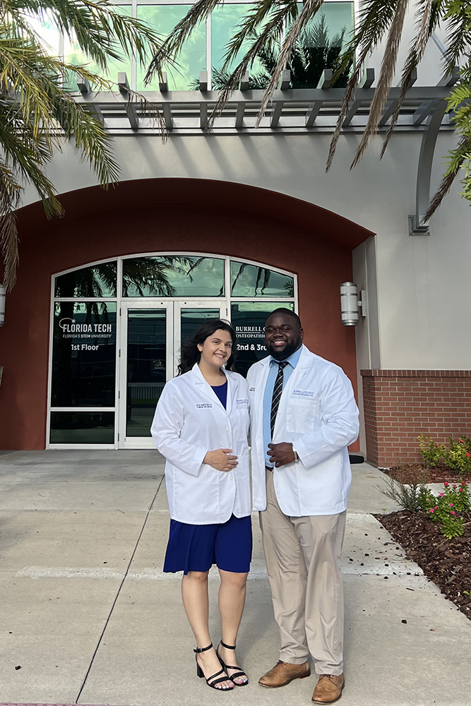 Jolie Garcia and Sajae Willis at their White Coat ceremony at Burrell College of Osteopathic Medicine Florida Campus in Melbourne on July 2025