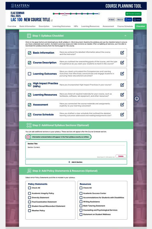 A Figma mock-up of the course planning tool's checklist page, provided by student Jessica Day.