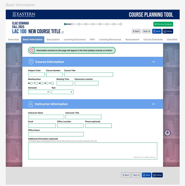 A Figma mockup of the course planning tool's basic information webpage, provided by student Jessica Day.