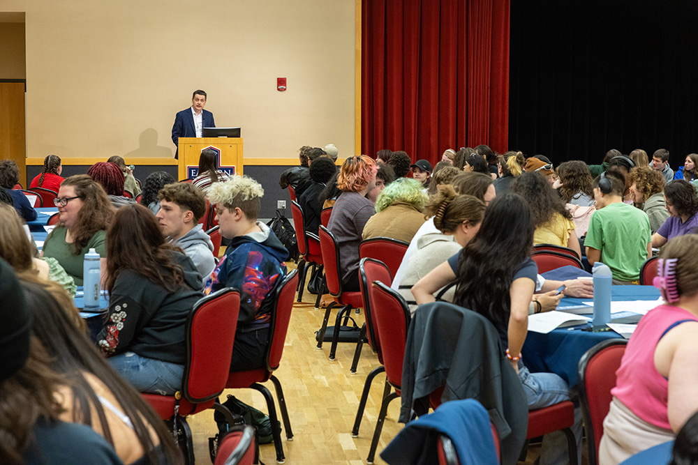 English Professor Daniel Donaghy speaks at a creative writing event in the Student Center Betty Tipton Room.