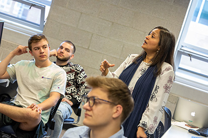 Business administration Professor Sukeshini Grandhi teaches a class in April 2022.