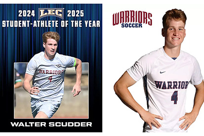 A graphic featuring Walter Scudder '25 on the soccer field.