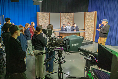 Concurrently enrolled students explore Eastern TV's (ETV) studio.
