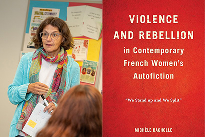 Michèle Bacholle and the cover of her book