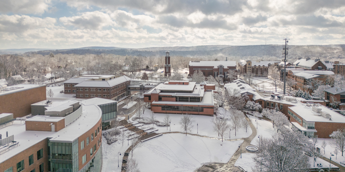 aerial view of Eastern's campus covered in snow