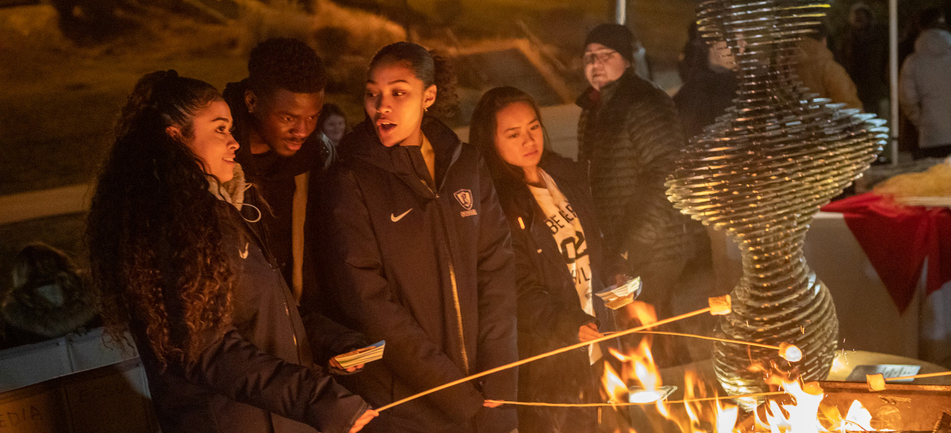 students roasting marshmallows over a fire at night