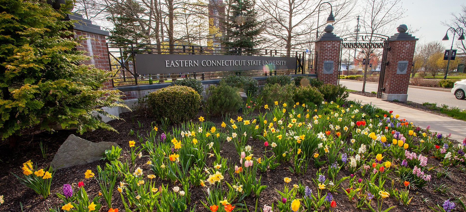 the Eastern Connecticut State University entrance with blooming flowers in the foreground