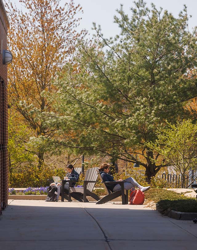 students sitting on chairs outside of the library