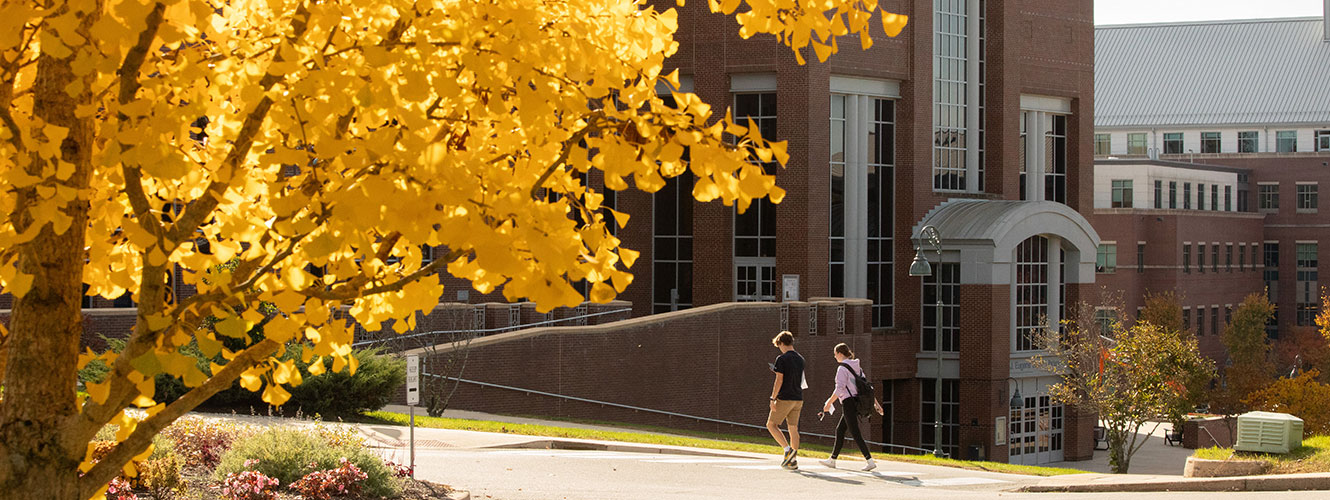 students walking on campus with the library in the background and fall foliage in the foreground