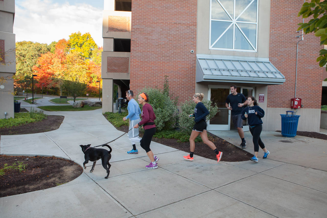 Faculty, staff and students jogging group exercising on Eastern's campus.