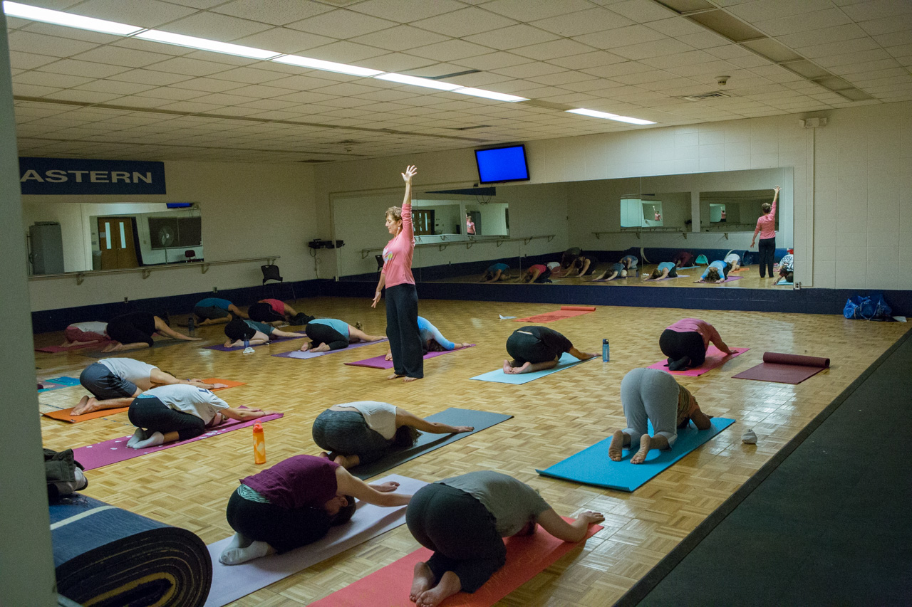 Yoga with students and staff on Eastern's campus