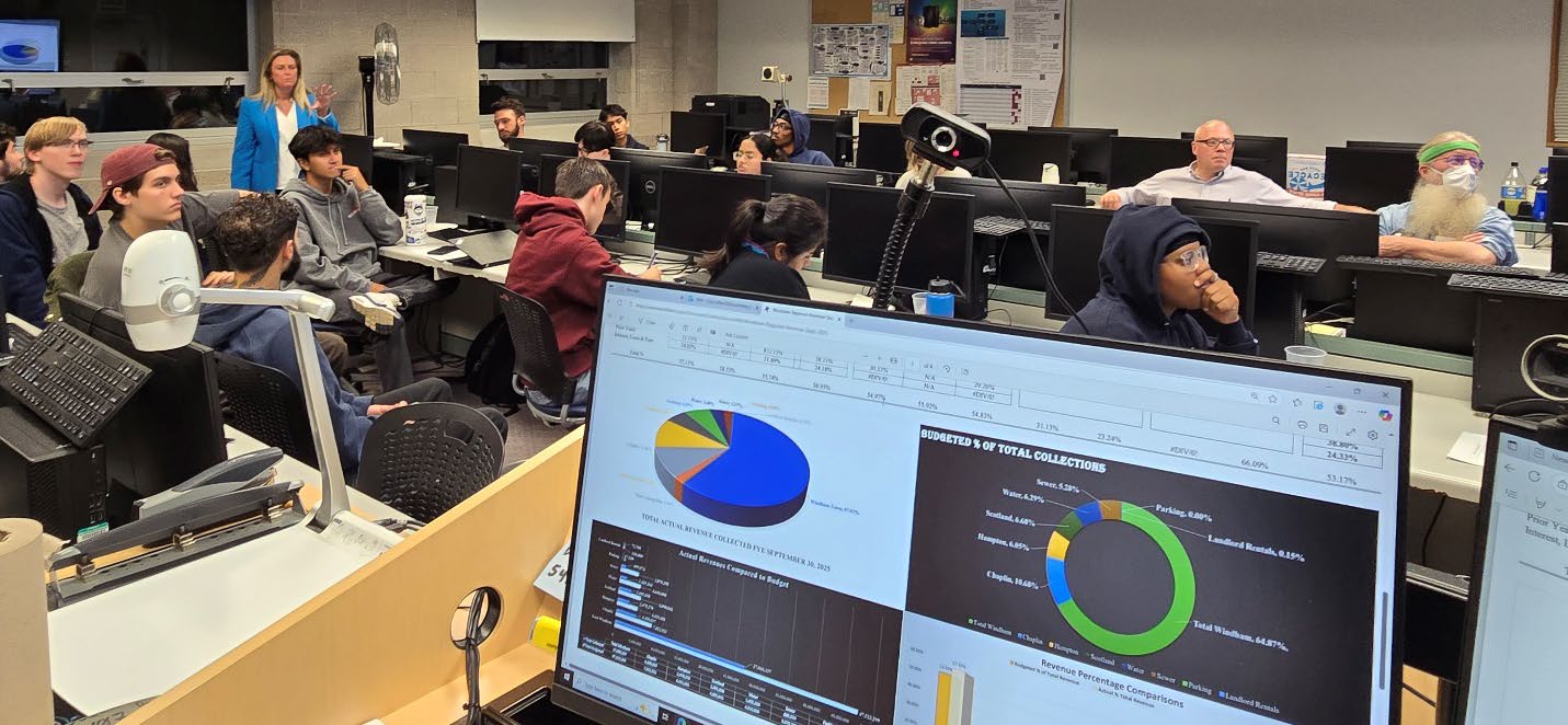 charts on a laptop screen with students in the background in the classroom