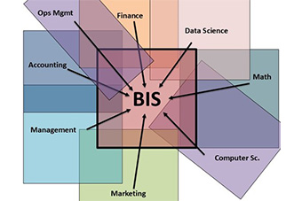  colored boxes with Ops Mgmt, Finance, Data Science, Math, CSC, Marketing, Management, Accounting text and arrows pointing to BIS in the center 