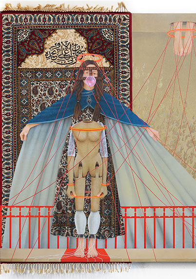 Arghavan Khosravi Compulsory Halo, acrylic on canvas and found wood block printed textile (which is a praying mat) stretched over wood panel, 47.7 × 45 × 2 in, 2019, image courtesy of the artist