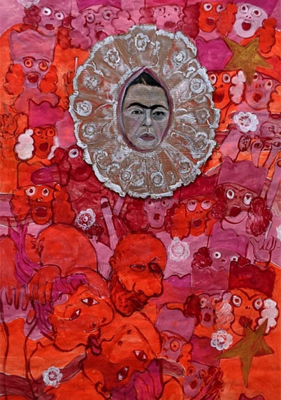 Self as Salma as Frida, 2017/2020, oil on cardboard mounted on acrylic on Tyvek, 78x48 inches.