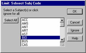 limit-ssbsect-subj-code Dialogue box with "Limit: Ssbsect Subj Code" as the header and options to select subject(s)