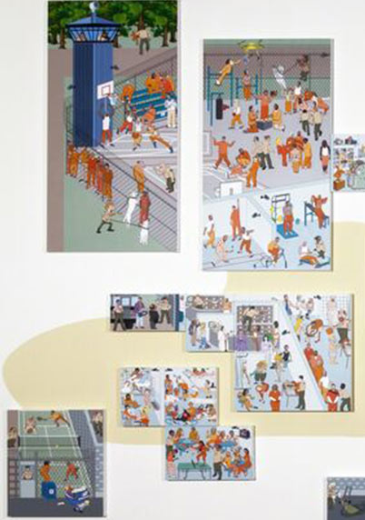 Nancy Chunn, The Jail, from the series, Chicken Little and the Culture of Fear; 2014-16, acrylic and giclee prints on canvas, and 3-D printed sculpture, 27 canvases, 134 x 244 inches. 