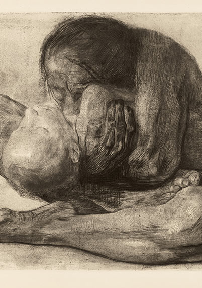 Käthe Kollwitz, Woman with the Dead Child, 1903, 25 x 28 in, framed lithograph. From the private collection. 