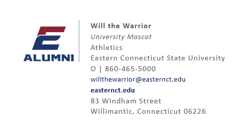 an example of what the signature will look like with the Alumni E logo