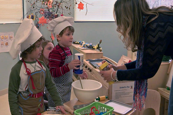 Image of a teacher with children pretending to be at a bakery