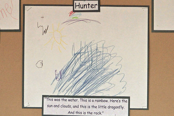 Close-up of a child's drawing of a pond 