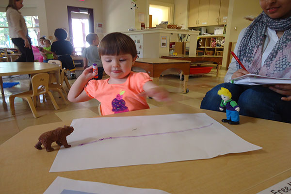 A toddler makes a path for a bear to cross her paper.