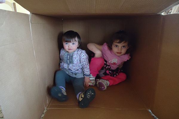 Two toddlers sitting in a box