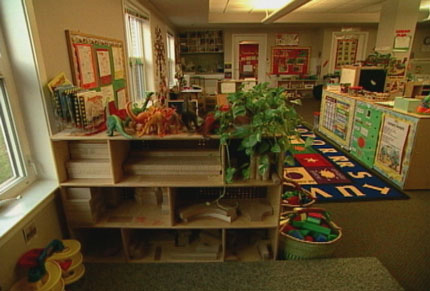 Shelves in a preschool classroom