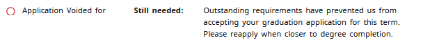 application voided for - Still needed: Outstanding requirements have prevented us from accepting your graduation application for this term. Please reapply when closer to degree completion.