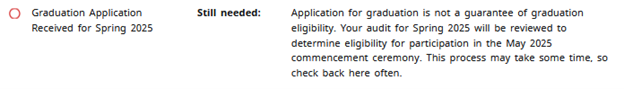 Graduation Application Received for Spring 2025, Still needed: Application for graduation is not a guarantee Of graduation eligibility. Your audit for Spring 2025 will be reviewed to determine eligibility for participation in the May 2025 commencement ceremony. This process may take some time. so check back here often.