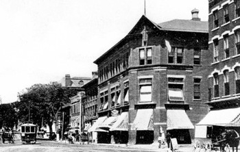 Historic photo of buildings on a street