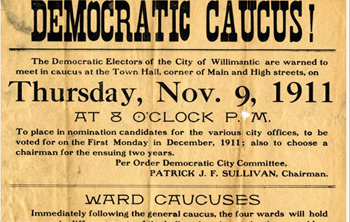 Historic newspaper clipping about a Democratic Caucus occuring on Thursday, November 9, 1911 at 8PM