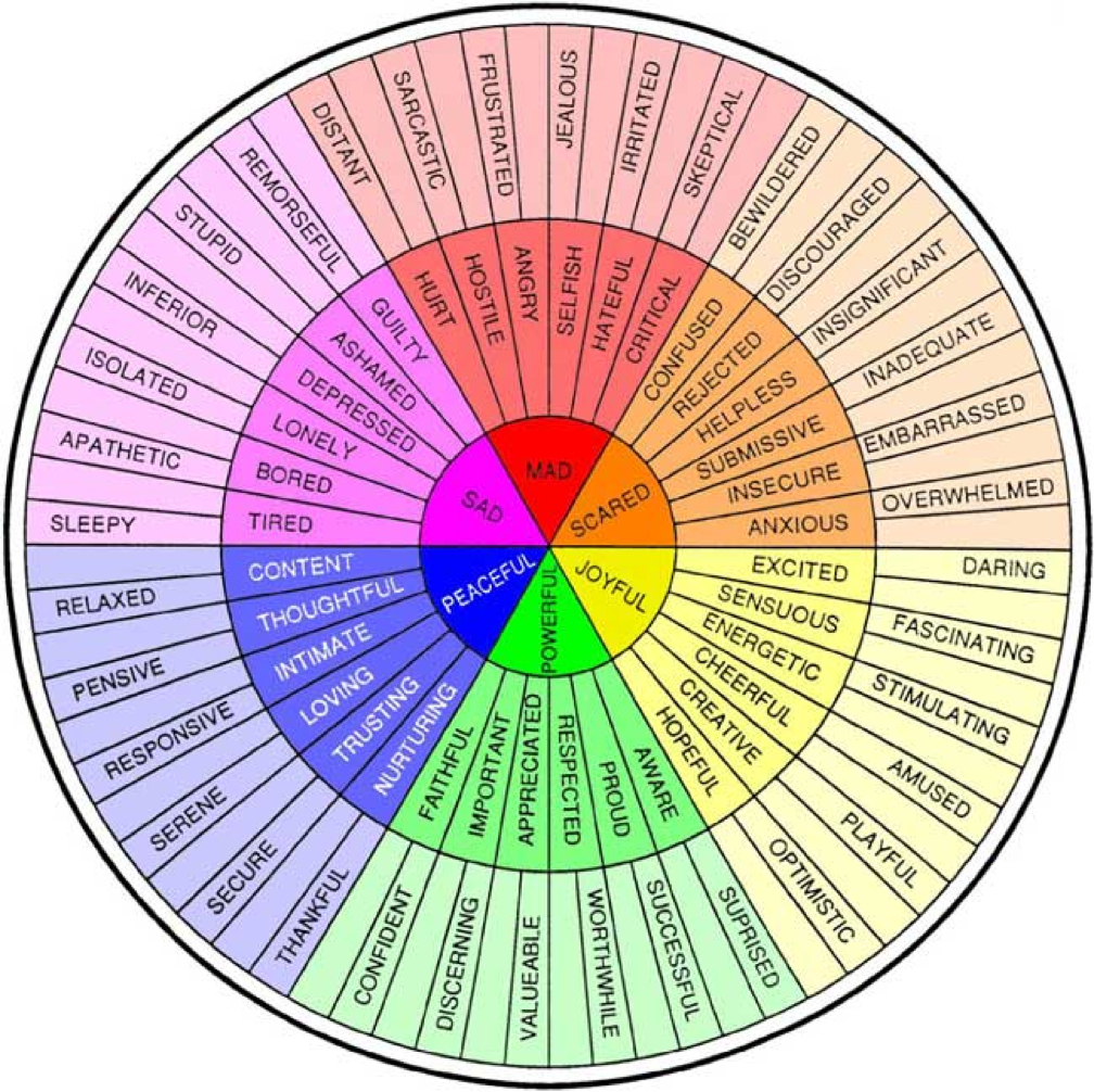 Feelings Wheel: Mad, Scared, Joyful, Powerful, Peaceful, Sad