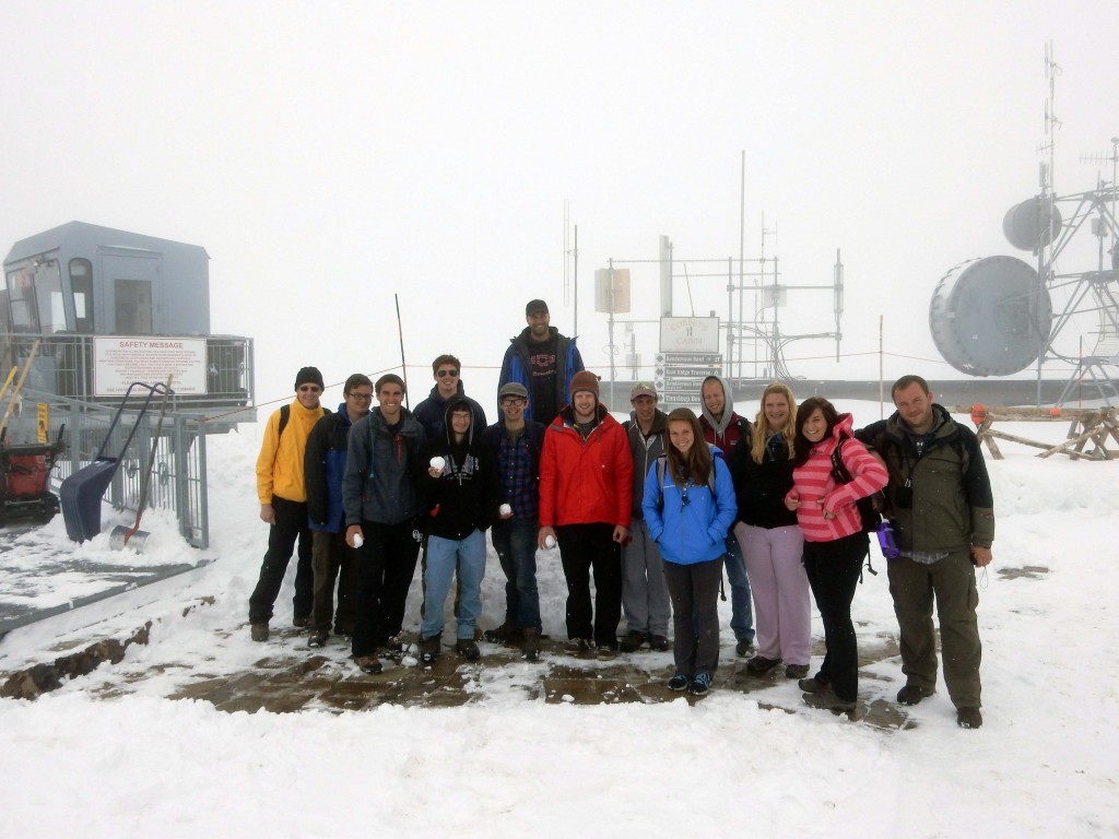 In the snow at 10,000 feet on top of Rendezvous Peak, Grand Tetons