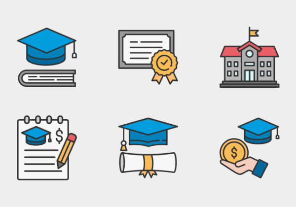 Icons representing online education and graduate programs, including graduation caps, diplomas, certificates, and a university building