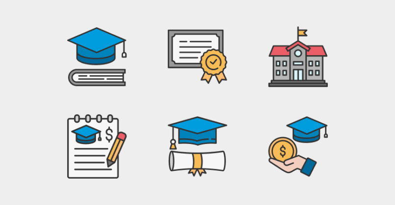 Icons representing online education and graduate programs, including graduation caps, diplomas, certificates, and a university building