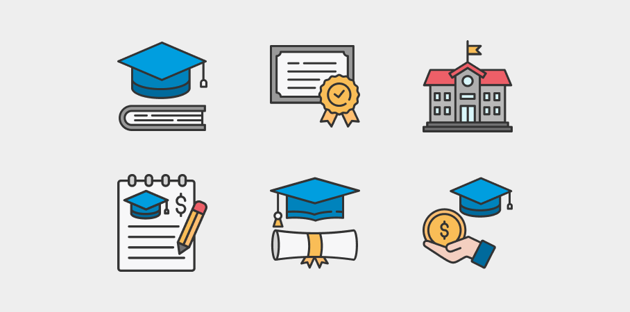 Icons representing online education and graduate programs, including graduation caps, diplomas, certificates, and a university building