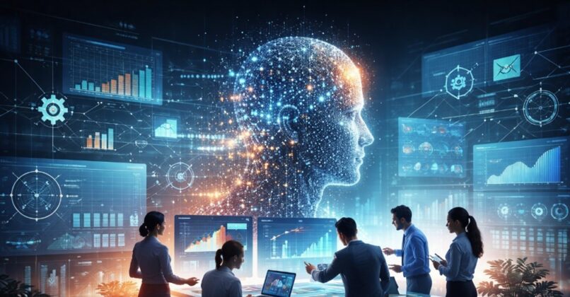 Team of professionals analyzing data dashboards and AI visualizations, representing applied data science supporting organizational AI adoption.