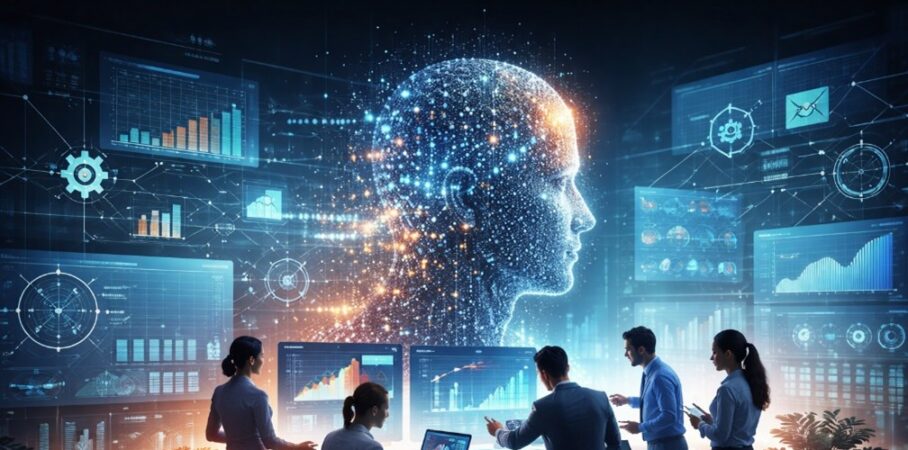 Team of professionals analyzing data dashboards and AI visualizations, representing applied data science supporting organizational AI adoption.