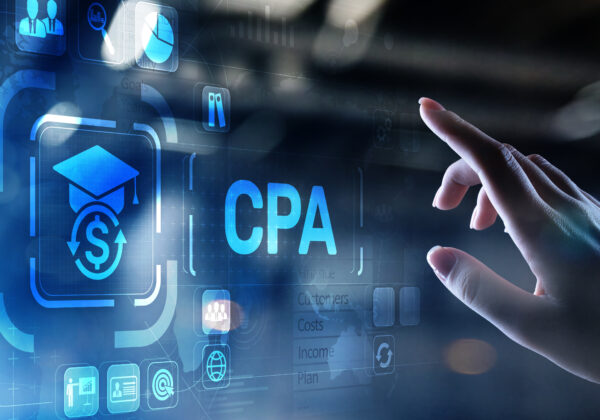 A hand interacts with a digital interface displaying “CPA” alongside icons for education, finance, analytics, and business systems, representing CPA education, certification, and the evolving accounting profession.