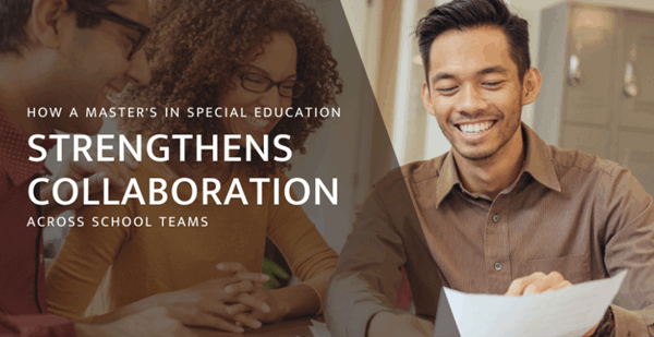 Three educators sit together at a table, smiling and reviewing a document while collaborating. Overlaid text reads, “How a Master’s in Special Education Strengthens Collaboration Across School Teams