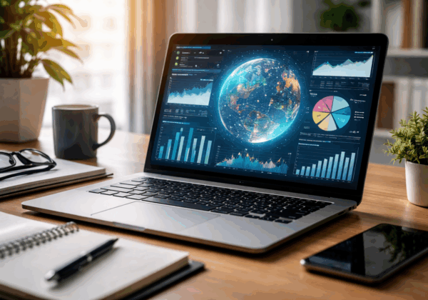Laptop on a desk displaying a global data analytics dashboard with charts, graphs, and a digital globe, next to a notebook, coffee mug, smartphone, and potted plants in a home office setting.