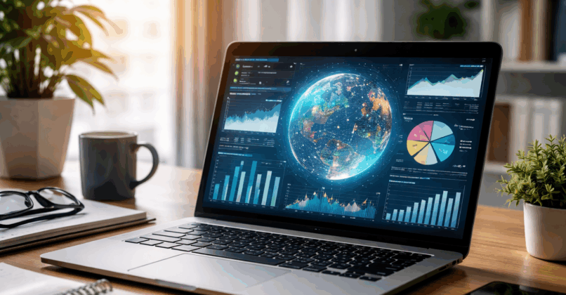 Laptop on a desk displaying a global data analytics dashboard with charts, graphs, and a digital globe, next to a notebook, coffee mug, smartphone, and potted plants in a home office setting.