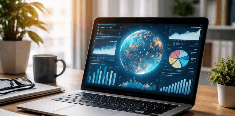 Laptop on a desk displaying a global data analytics dashboard with charts, graphs, and a digital globe, next to a notebook, coffee mug, smartphone, and potted plants in a home office setting.