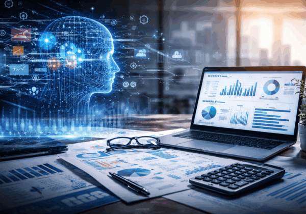 A modern office desk with a laptop displaying data dashboards, surrounded by printed charts, a calculator, glasses, and a pen. A glowing digital human head with interconnected data lines and icons appears beside the laptop, symbolizing artificial intelligence and data analysis in a business setting.