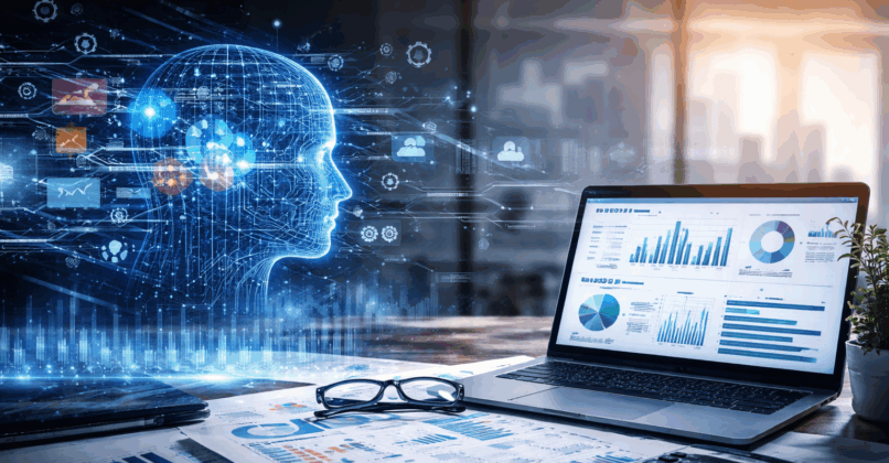 A modern office desk with a laptop displaying data dashboards, surrounded by printed charts, a calculator, glasses, and a pen. A glowing digital human head with interconnected data lines and icons appears beside the laptop, symbolizing artificial intelligence and data analysis in a business setting.