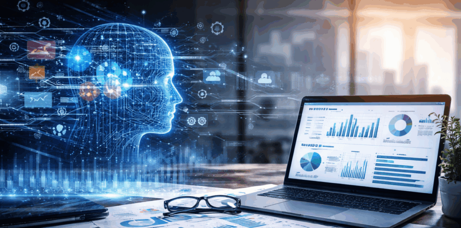 A modern office desk with a laptop displaying data dashboards, surrounded by printed charts, a calculator, glasses, and a pen. A glowing digital human head with interconnected data lines and icons appears beside the laptop, symbolizing artificial intelligence and data analysis in a business setting.